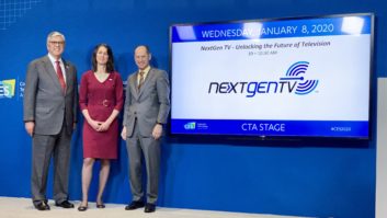 NAB president Gordon Smith, ATSC president Madeleine Noland, CTA president and CEO Gary Shapiro discussing NextGen TV at CES 2020.
