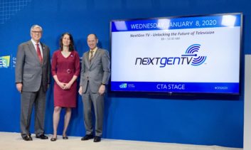 NAB president Gordon Smith, ATSC president Madeleine Noland, CTA president and CEO Gary Shapiro discussing NextGen TV at CES 2020.