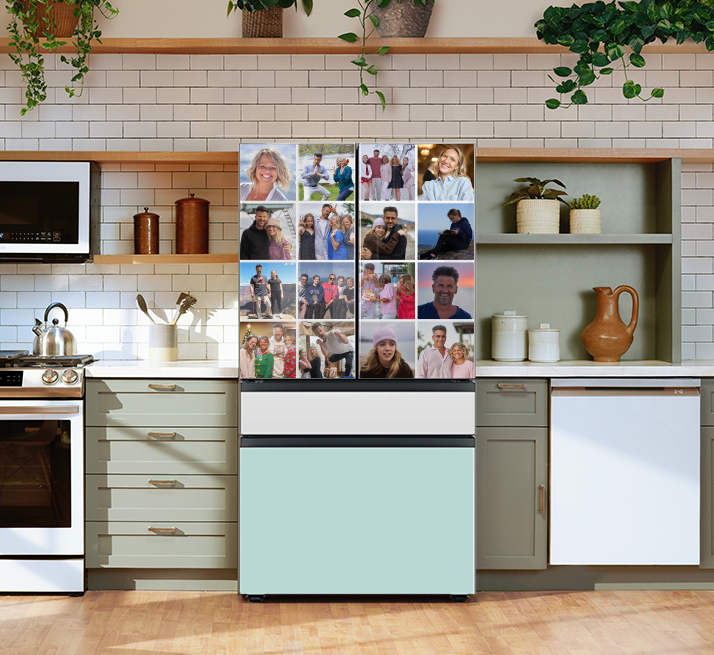 Collage of family member photos on fridge