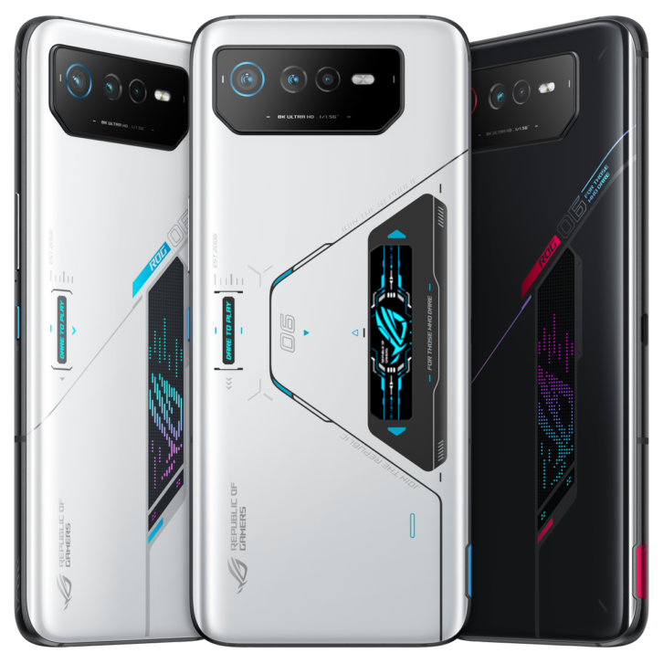 Three different ROG Phone 6 models standing side by side