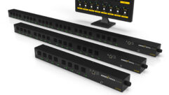 The Vertical Series+ PDU is featured in three form factors: 8, 16 and 24 outlets. The body of the devices is long and thin, with a black metal finish. There is also a computer monitoring displaying SurgeX CONNECT software, including graphics for power quality metrics.