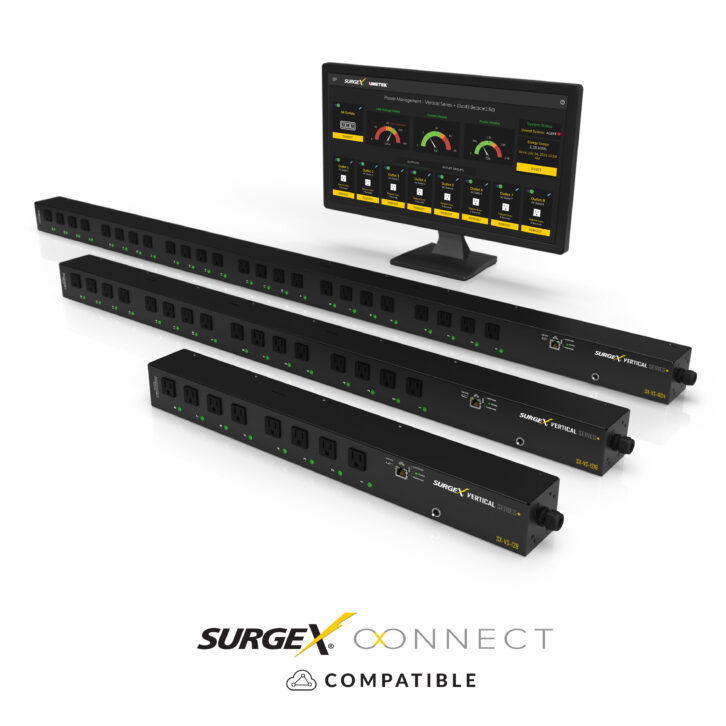 The Vertical Series+ PDU is featured in three form factors: 8, 16 and 24 outlets. The body of the devices is long and thin, with a black metal finish. There is also a computer monitoring displaying SurgeX CONNECT software, including graphics for power quality metrics.