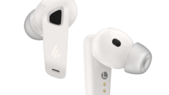 Two white earbuds branded with Edifier's logo float in white space.