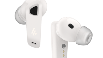 Two white earbuds branded with Edifier's logo float in white space.