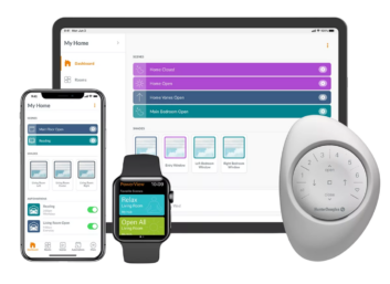 A phone, tablet, smart watch and remote boast the PowerView Automation user interface, which includes schedules for automated window treatments by room.