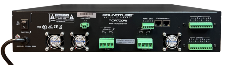 Back view of SoundTube MCA-7004t DSP Dante-enabled amplifier