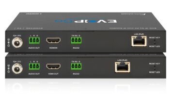 Front view of the Vanco EVO‑IP Go AV‑over‑IP transmitter and receiver units stacked together, showing HDMI input and output, analog audio breakout terminals, RS‑232 control ports, LAN with PoE support, and 12V power connections in a compact black metal chassis designed for simple plug‑and‑play AV distribution.
